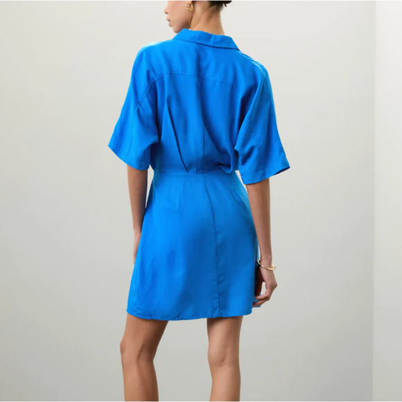 Thakoon Cerulean Blue Shirt Dress Size 12 Career Blouson Tie Waist Designer $310 - Picture 2 of 11